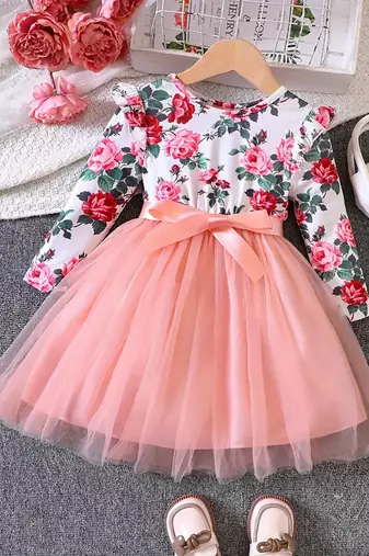 Pink floral printed net party wear kids dress