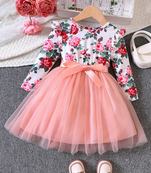 Pink floral printed net party wear kids dress