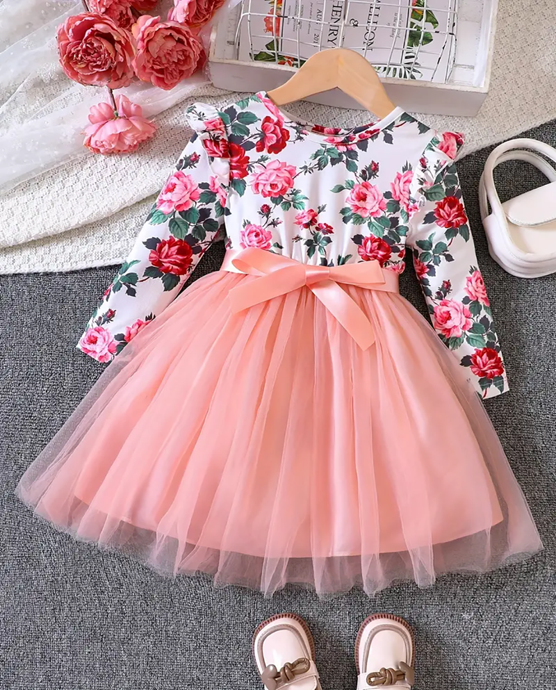 Pink floral printed net party wear kids dress