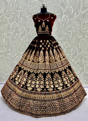Dark Maroon Color Sequins Embroidered,Multi Thread Work,Designed Embroidered,Zari Work Velvet Lehenga Choli 4