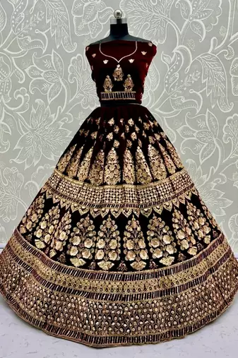 Dark Maroon Color Sequins Embroidered,Multi Thread Work,Designed Embroidered,Zari Work Velvet Lehenga Choli
