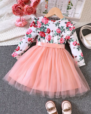 Pink floral printed net party wear kids dress 2