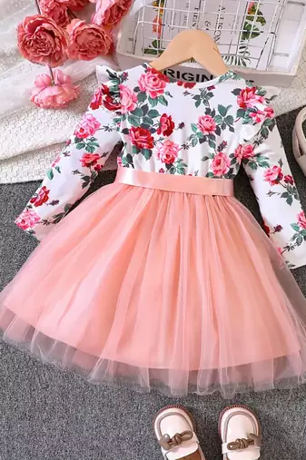 Pink floral printed net party wear kids dress