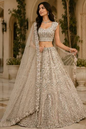Off White Rainbow Sequins Thread Fancy Pattern Embroidery Dori Zircon Net Lehenga Choli