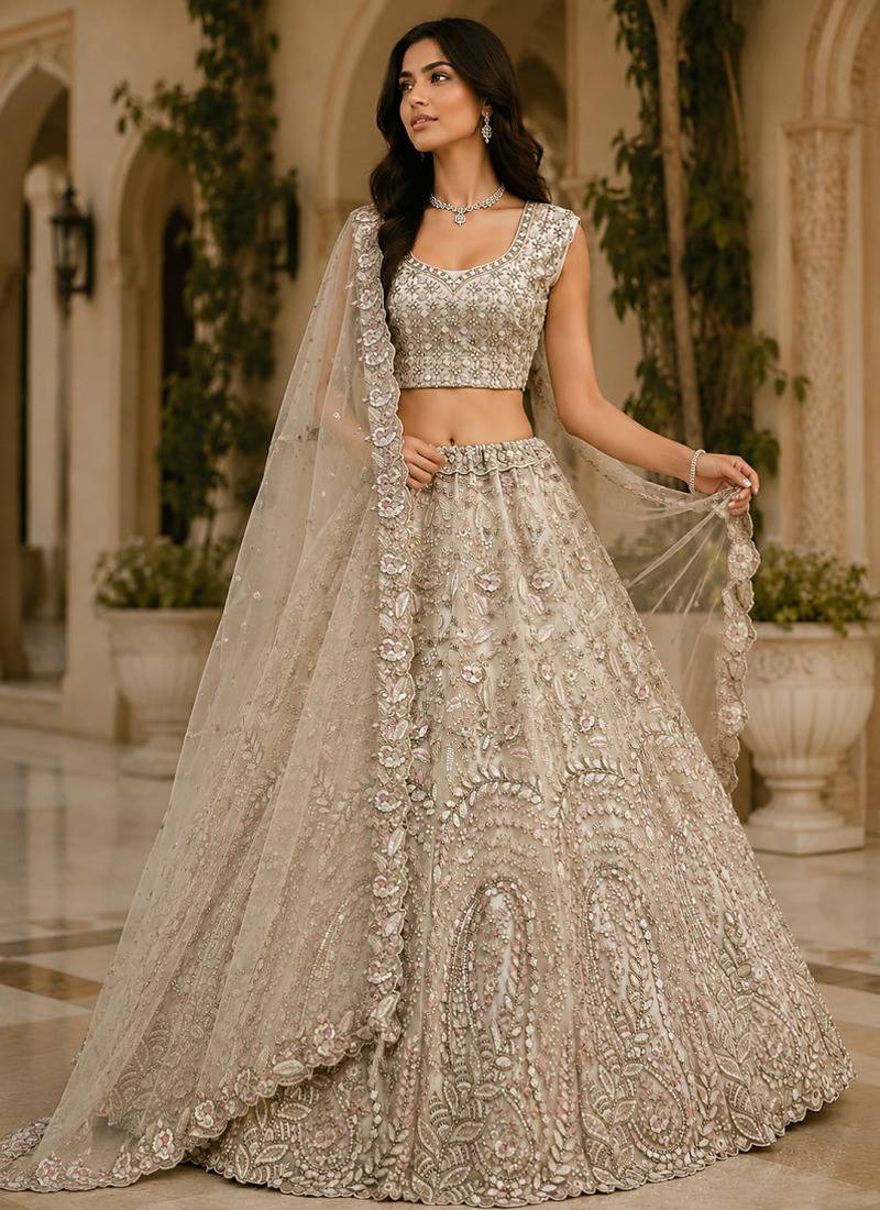 Off White Rainbow Sequins Thread Fancy Pattern Embroidery Dori Zircon Net Lehenga Choli