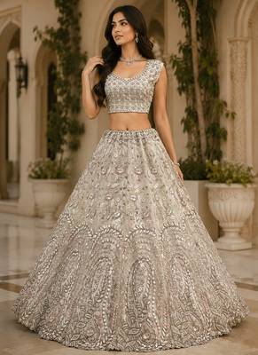 Off White Color Rainbow Sequins,Thread Work,Fancy Pattern Embroidery,Dori Work,Zircon Diamond Net Lehenga Choli 2