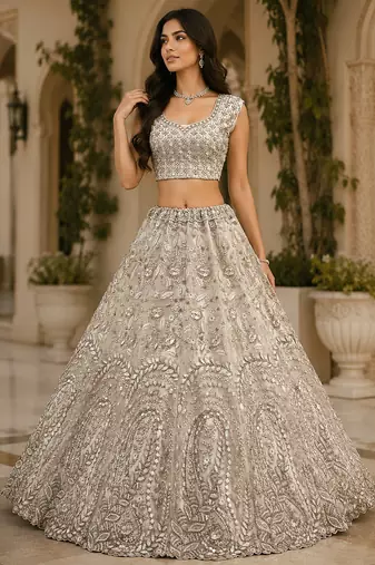 Off White Color Rainbow Sequins,Thread Work,Fancy Pattern Embroidery,Dori Work,Zircon Diamond Net Lehenga Choli