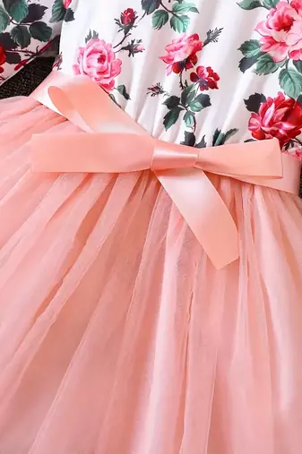 Pink floral printed net party wear kids dress