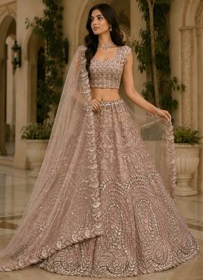 Peach Color Rainbow Sequins,Thread Work,Fancy Pattern Embroidery,Dori Work,Zircon Diamond Net Lehenga Choli 1