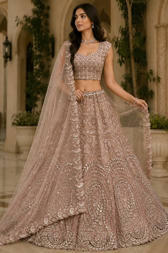 Peach Rainbow Sequins Thread Fancy Pattern Embroidery Dori Zircon Net Lehenga Choli