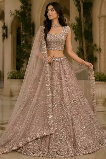Peach Rainbow Sequins Thread Fancy Pattern Embroidery Dori Zircon Net Lehenga Choli