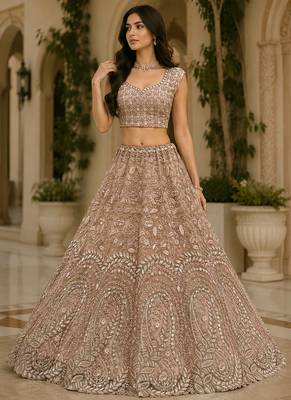 Peach Color Rainbow Sequins,Thread Work,Fancy Pattern Embroidery,Dori Work,Zircon Diamond Net Lehenga Choli 2