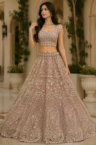 Peach Color Rainbow Sequins,Thread Work,Fancy Pattern Embroidery,Dori Work,Zircon Diamond Net Lehenga Choli