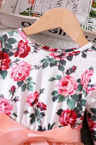 Pink floral printed net party wear kids dress