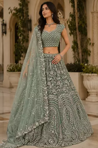 Sea Green Rainbow Sequins Thread Fancy Pattern Embroidery Dori Zircon Net Lehenga Choli