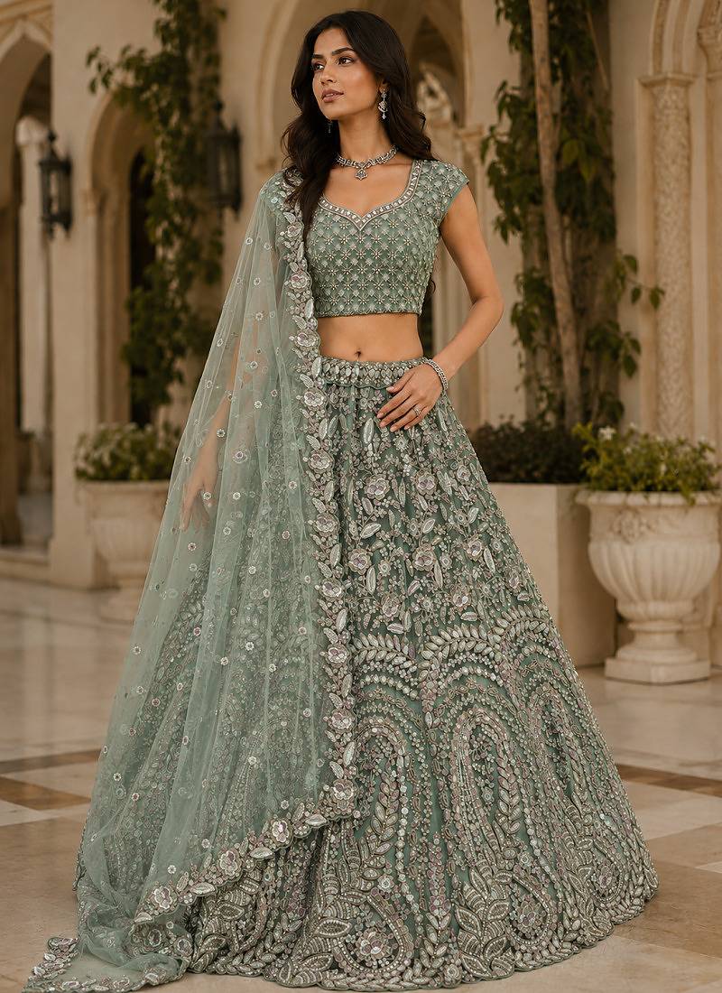 Sea Green Rainbow Sequins Thread Fancy Pattern Embroidery Dori Zircon Net Lehenga Choli