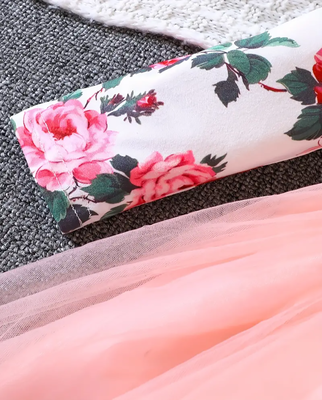 Pink floral printed net party wear kids dress 5