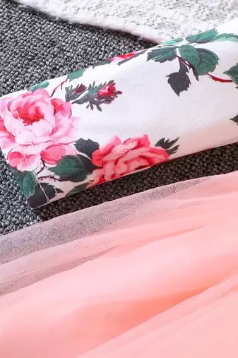 Pink floral printed net party wear kids dress