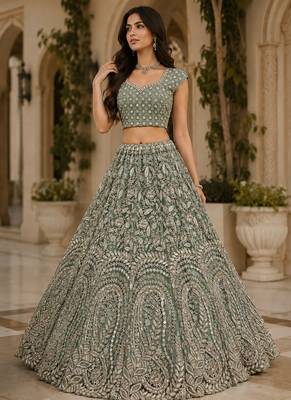 Sea Green Color Rainbow Sequins,Thread Work,Fancy Pattern Embroidery,Dori Work,Zircon Diamond Net Lehenga Choli 2