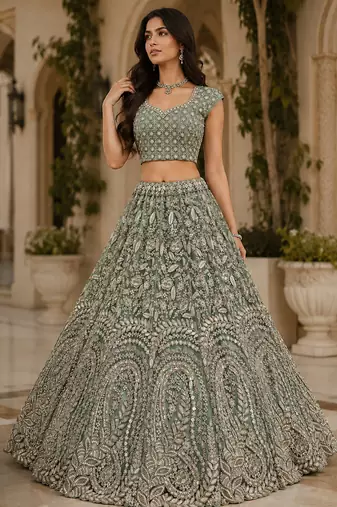 Sea Green Color Rainbow Sequins,Thread Work,Fancy Pattern Embroidery,Dori Work,Zircon Diamond Net Lehenga Choli