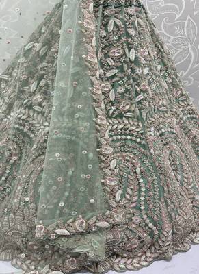Sea Green Color Rainbow Sequins,Thread Work,Fancy Pattern Embroidery,Dori Work,Zircon Diamond Net Lehenga Choli 4