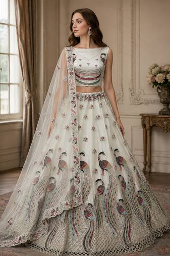 Off White Fancy Embroidery   Peacock Pattern Dori Multi Thread Zircon Net Lehenga Choli