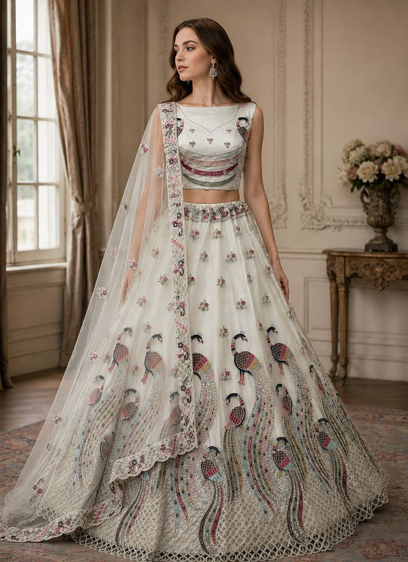 Off White Fancy Embroidery   Peacock Pattern Dori Multi Thread Zircon Net Lehenga Choli