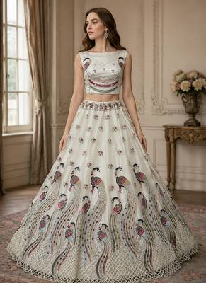 Off White Fancy Embroidery   Peacock Pattern Dori Multi Thread Zircon Net Lehenga Choli 2