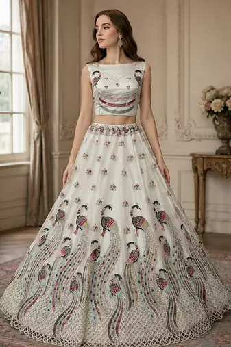Off White Fancy Embroidery   Peacock Pattern Dori Multi Thread Zircon Net Lehenga Choli