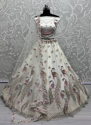 Off White Fancy Embroidery   Peacock Pattern Dori Multi Thread Zircon Net Lehenga Choli 3