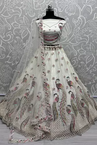 Off White Fancy Embroidery   Peacock Pattern Dori Multi Thread Zircon Net Lehenga Choli