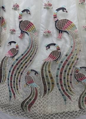 Off White Fancy Embroidery   Peacock Pattern Dori Multi Thread Zircon Net Lehenga Choli 4