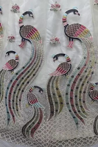 Off White Fancy Embroidery   Peacock Pattern Dori Multi Thread Zircon Net Lehenga Choli