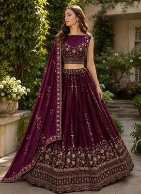 Dark Rani Pink Color Fancy Zari Work,Sequence Work,Thread Work Satin Chiffon Lehenga Choli 1