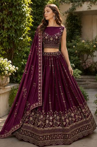 Dark Rani Pink Fancy Zari Sequin Thread Satin Chiffon Lehenga Choli