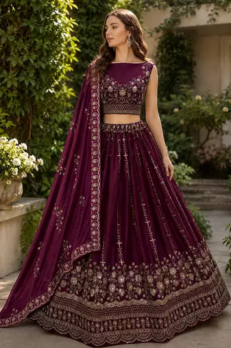 Dark Rani Pink Fancy Zari Sequin Thread Satin Chiffon Lehenga Choli