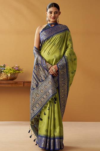 Olive silk blend pochampalli border and pallu