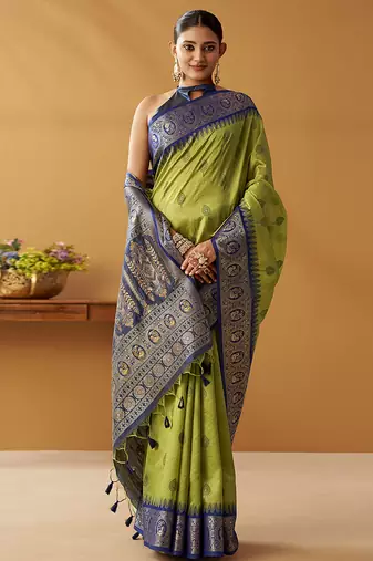 Olive silk blend pochampalli border and pallu