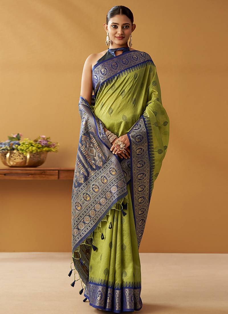 Olive silk blend pochampalli border and pallu