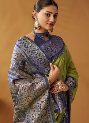 Olive silk blend pochampalli border and pallu 3