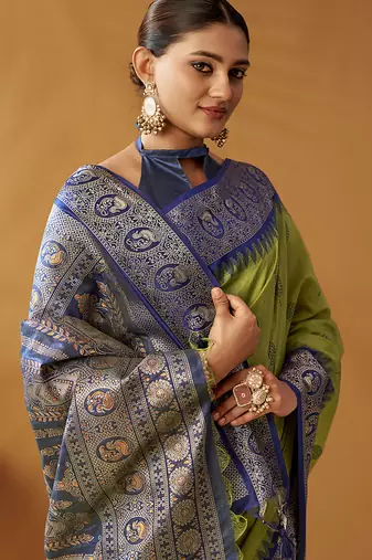 Olive silk blend pochampalli border and pallu