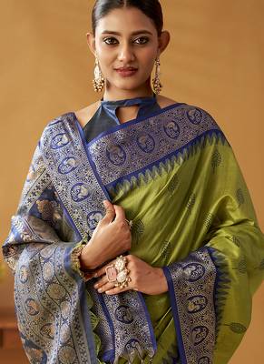 Olive silk blend pochampalli border and pallu 4