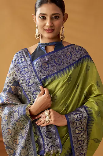 Olive silk blend pochampalli border and pallu