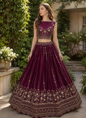 Dark Rani Pink Color Fancy Zari Work,Sequence Work,Thread Work Satin Chiffon Lehenga Choli 2