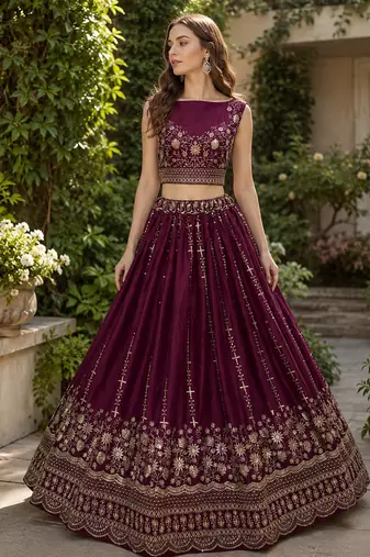 Dark Rani Pink Color Fancy Zari Work,Sequence Work,Thread Work Satin Chiffon Lehenga Choli