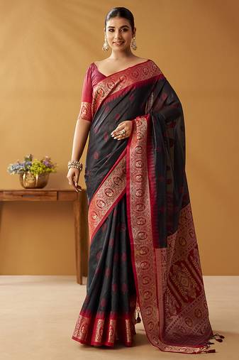 Black silk blend pochampalli border and pallu