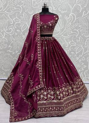 Dark Rani Pink Color Fancy Zari Work,Sequence Work,Thread Work Satin Chiffon Lehenga Choli 3