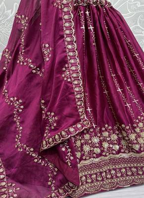 Dark Rani Pink Color Fancy Zari Work,Sequence Work,Thread Work Satin Chiffon Lehenga Choli 4