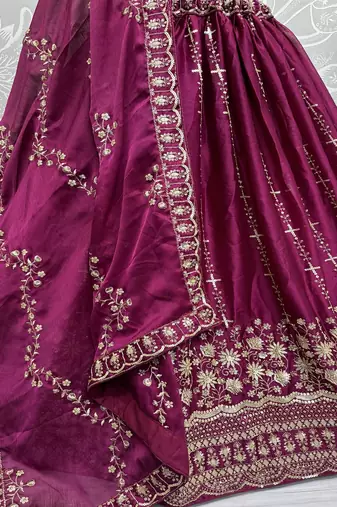 Dark Rani Pink Color Fancy Zari Work,Sequence Work,Thread Work Satin Chiffon Lehenga Choli