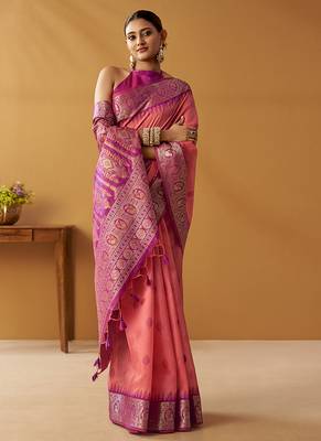 Peach silk blend pochampalli border and pallu 1